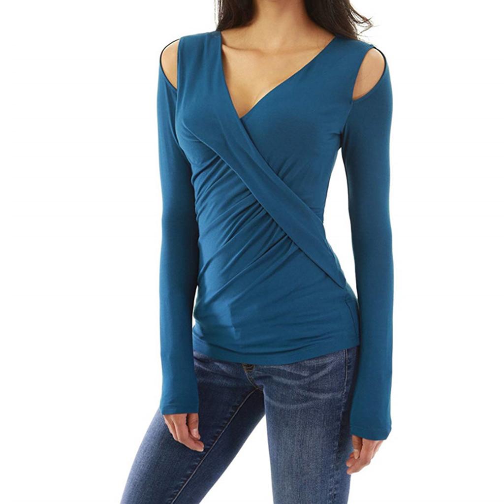 Ladies Sexy Deep V Neck Long Sleeves Wrap Top Stretchy Blouse Cold Shoulder