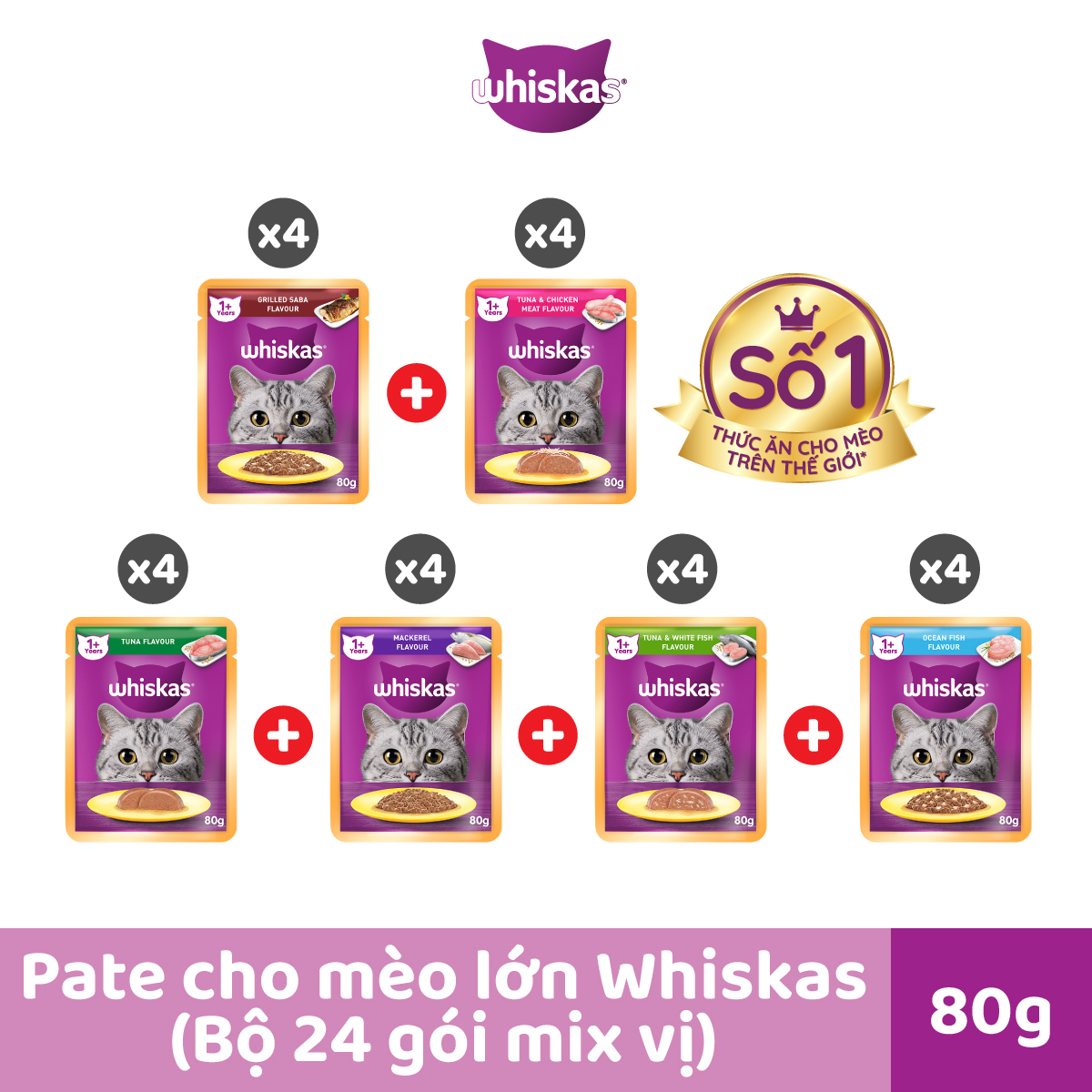 Thức Ăn Dạng Sốt Cho Mèo Trưởng Thành WHISKAS - 80g (24 Túi)