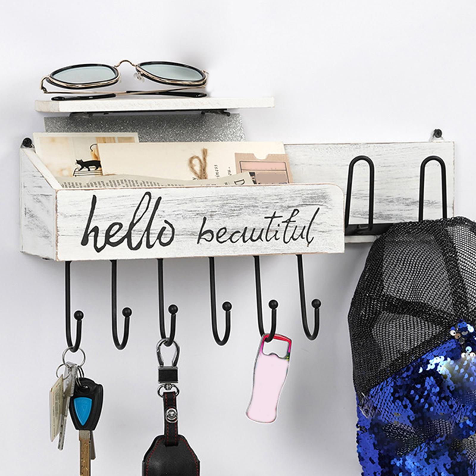 Wall Mounted Key Holder Hooks Rack Letters Living Room Wooden Mail Organizer