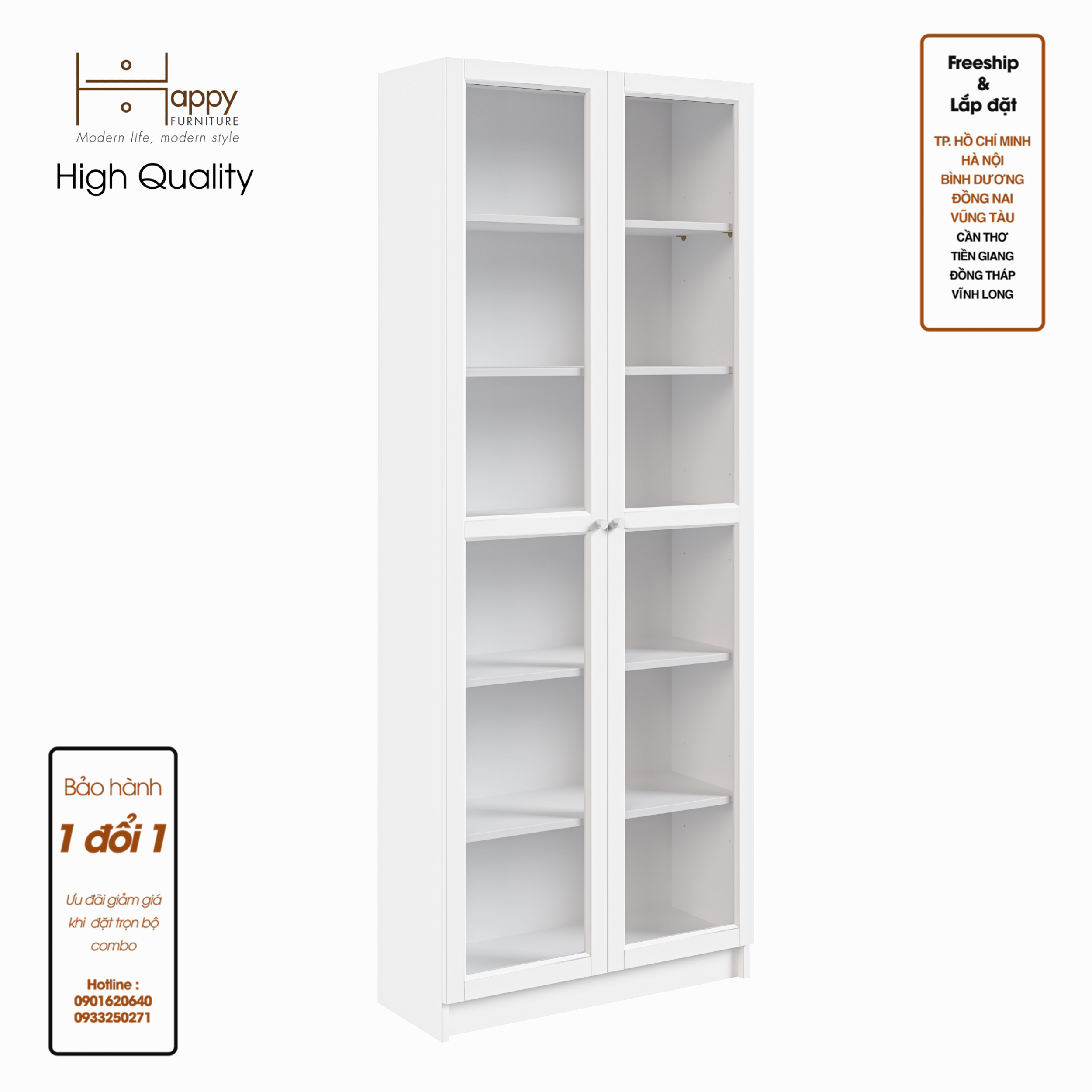 [Happy Home Furniture] CATY, kệ sách 6 tầng cửa kính,  80cm x 30cm x 202cm (DxRxC), KSA_010