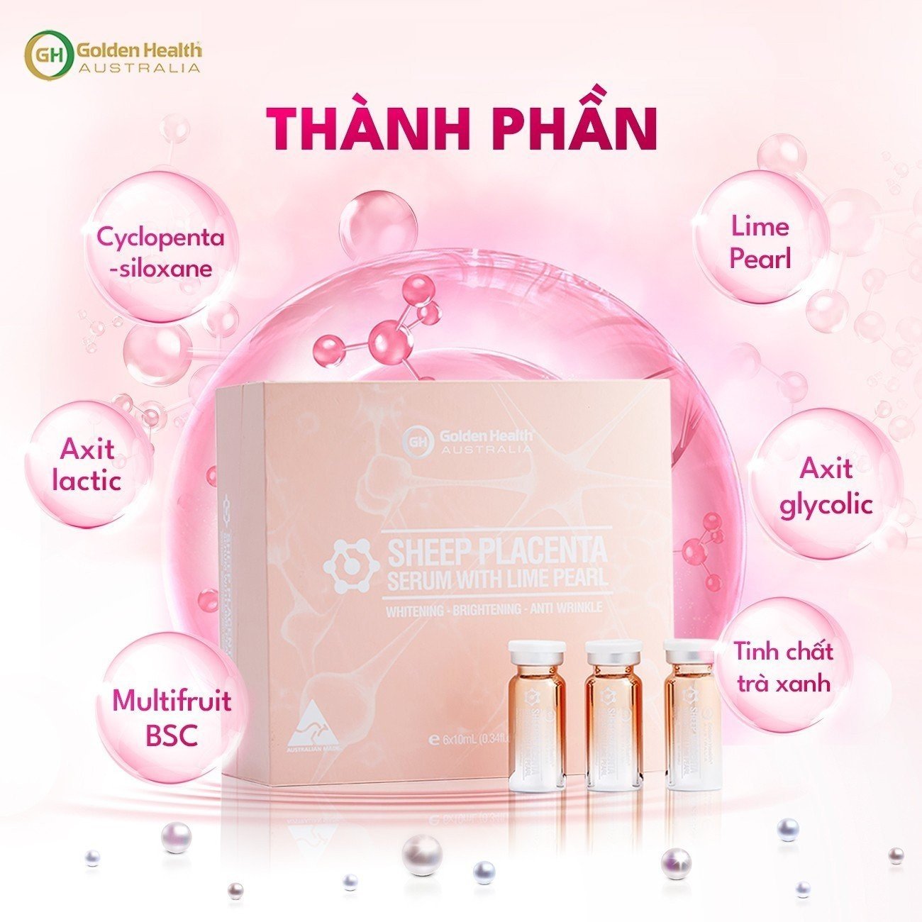 Tinh Chất Serum Nhau Thai Cừu Và Ngọc Trai Golden Health (6x10ml) Hỗ Trợ Làm Giảm Nám, Tàn Nhang, Chống Lão Hoá Và Trắng Sáng Hồng Hào