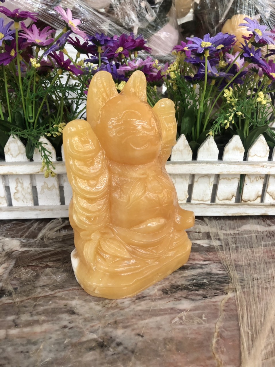 Tượng Mèo Thần Tài, Mèo May Mắn Maneki Neko vẫy tay đá ngọc hoàng long - Cao 15 cm