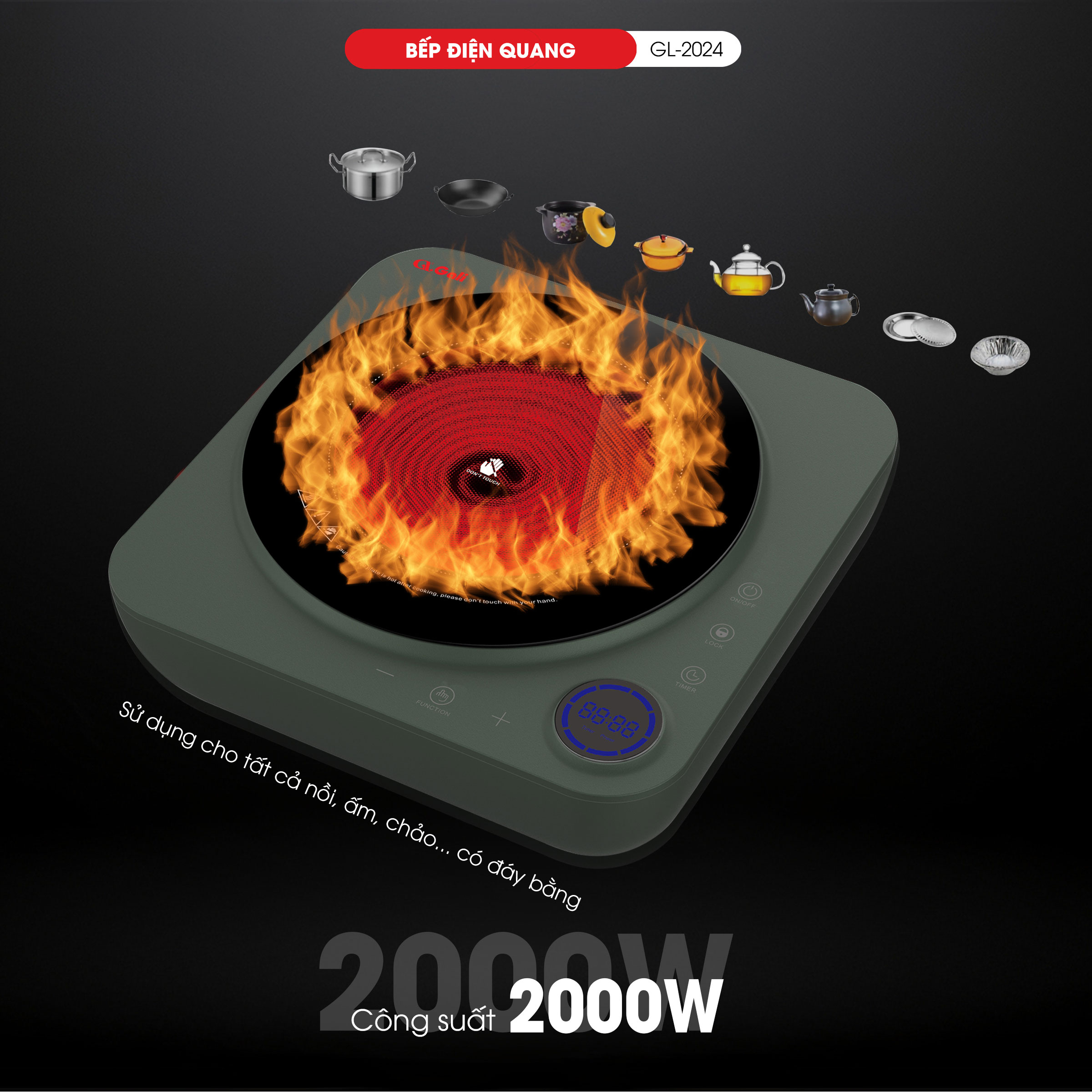 Bếp Điện Quang Gali GL-2024. Không kén nồi, dùng cho các loại nồi đáy bằng. Hàng chính hãng bảo hành 12 tháng