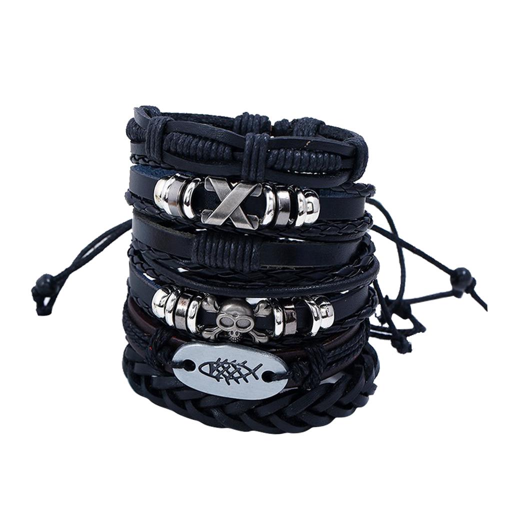 6 Pieces Leather Bracelet Braided Wristband Mens Punk Jewelry Skull