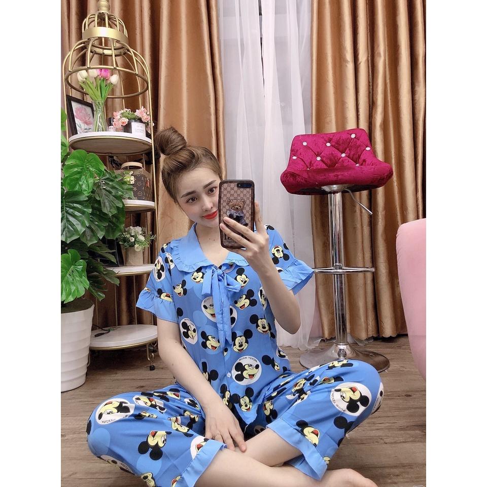 Đồ bộ lụa mặc nhà, sét pijama tiểu thư họa tiết chuột mickey ảnh thật 40-75KG - LUA28