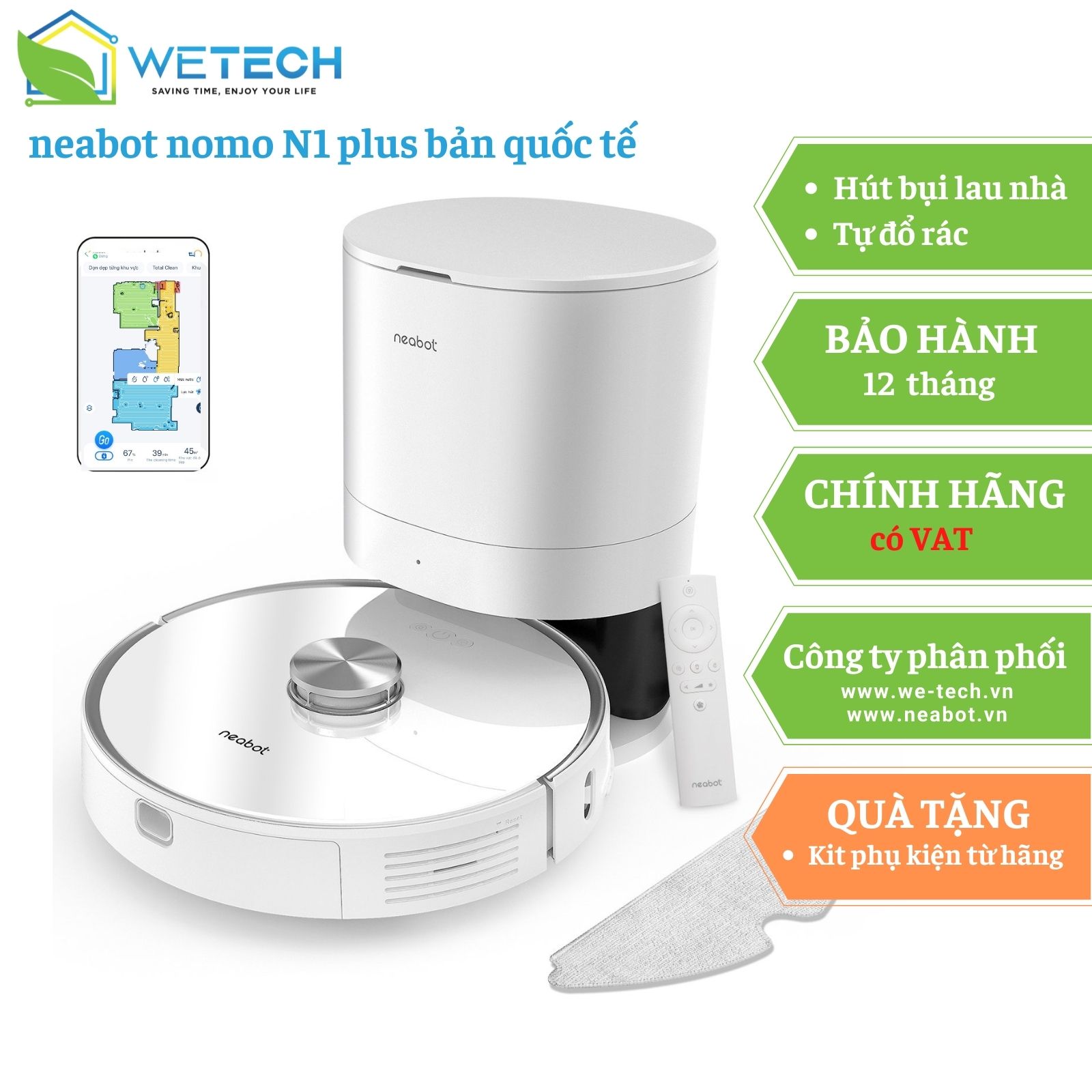 Robot tự đổ rác hút bụi lau nhà Neabot N1 Plus - Hàng chính hãng