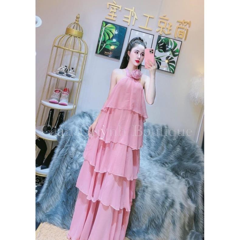 Đầm maxi voan tầng yếm hoa cổ
