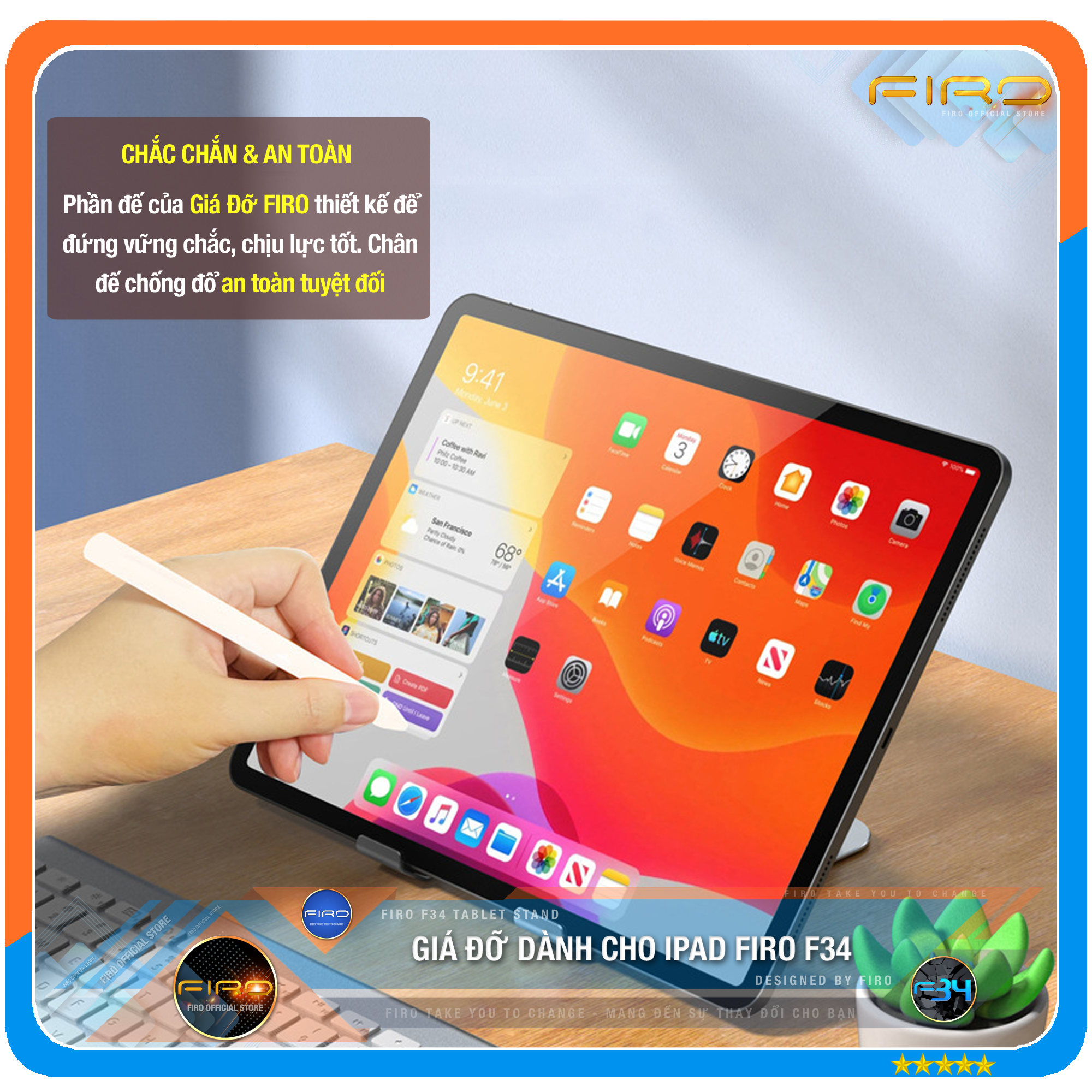 Giá Đỡ Dành Cho Ipad Để Bàn FIRO F34 - Giá Đỡ Máy Tính Bảng, Điện Thoại Chất Liệu Hợp Kim Nhôm Cao Cấp - Điều Chỉnh Góc Độ - Trục Kép - Thiết Kế Gấp Gọn Tiện Lợi - Phù Hợp Với Thiết Bị Từ 7inch Đến 12.9inch - Hàng Chính Hãng