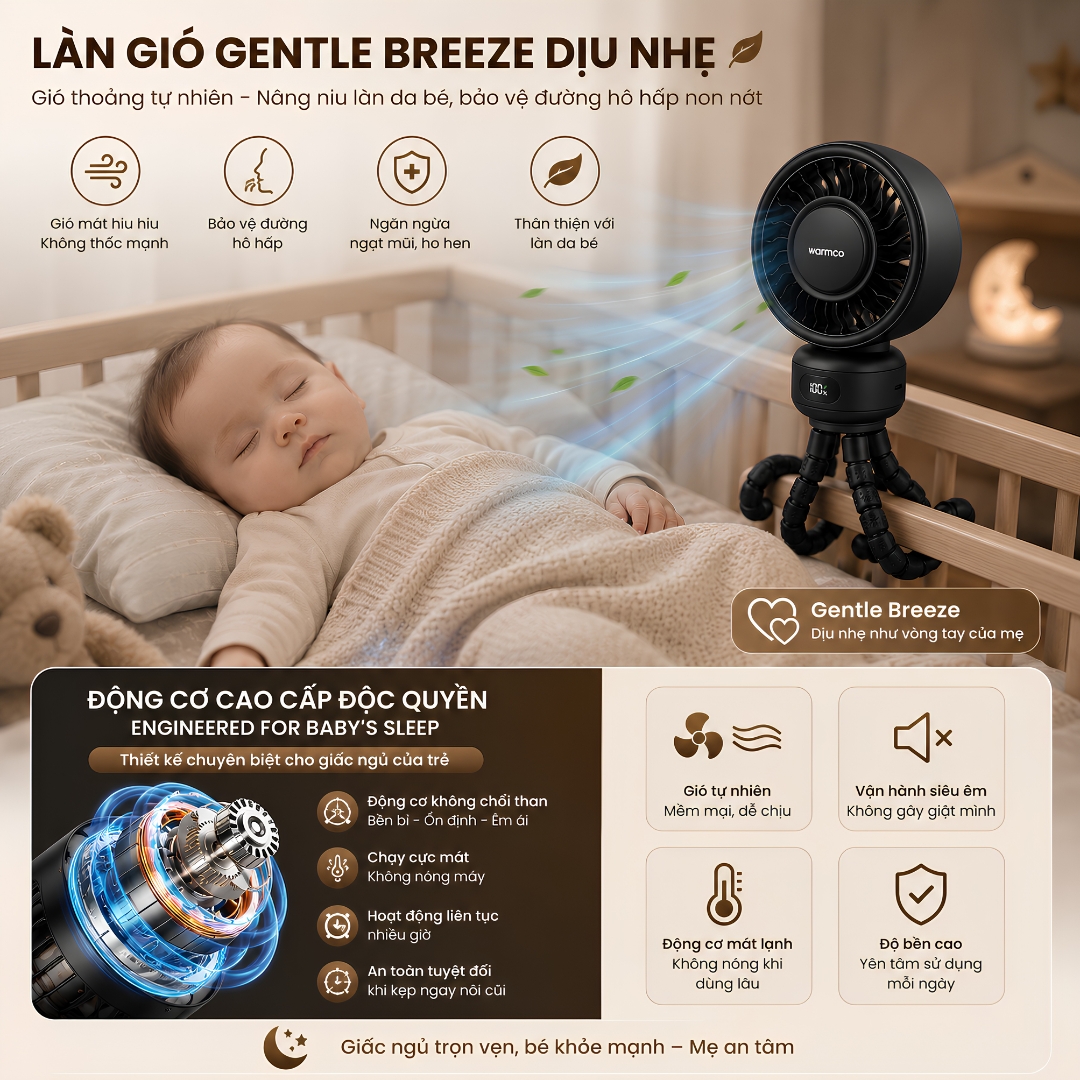 Quạt Kẹp Đa Năng Chân Bạch Tuộc Linh Hoạt WARMCO PORTABLE STROLLER FAN • Pin 4000mAh • Gió Gentle Breeze Dịu Nhẹ • 4 Cấp Độ Gió • LED Hiển Thị • Vận Hành 35dB • Lồng Quạt Tháo Rời - Hàng nhập khẩu