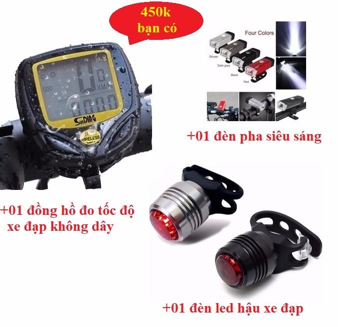 Bộ phụ kiện xe đạp , Đồng hồ không dây +Đèn pha + đèn hậu