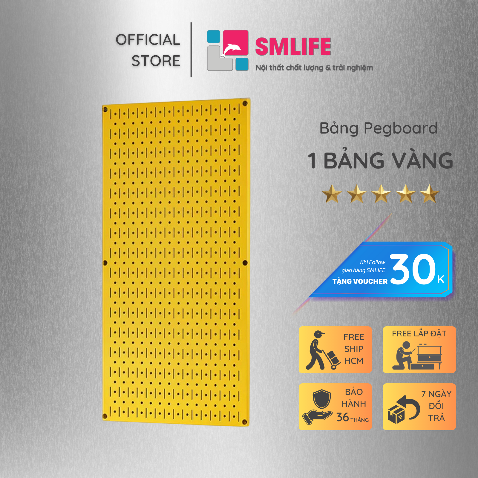 Bảng treo dụng cụ SMLIFE Pegboard đứng 80×40 – Vàng