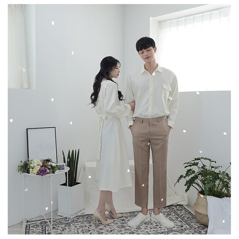 ÁO ĐÔI FREESHIP Set váy sơ mi đôi màu trắng và vàng Hàn Quốc Couple AV89