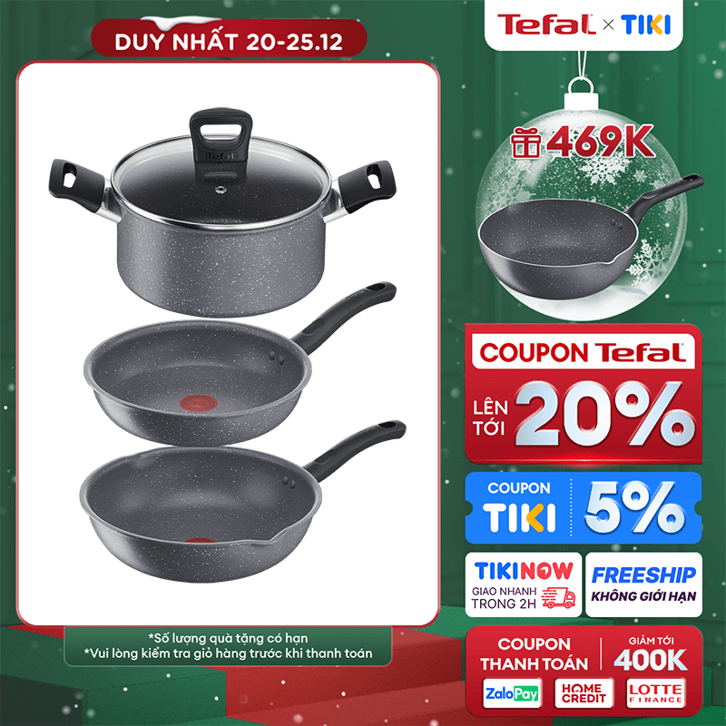 Bộ 3 nồi chảo chống dính đáy từ vân đá Tefal Cook Healthy dùng cho mọi loại bếp  - Hàng chính hãng