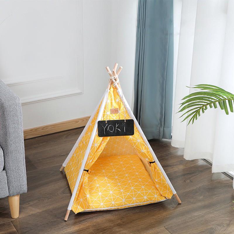 Nhà cho thú cưng chiếc lều phong cách Bohemian gồm khung gỗ tự nhiên kèm vải canvas nhiều màu sắc