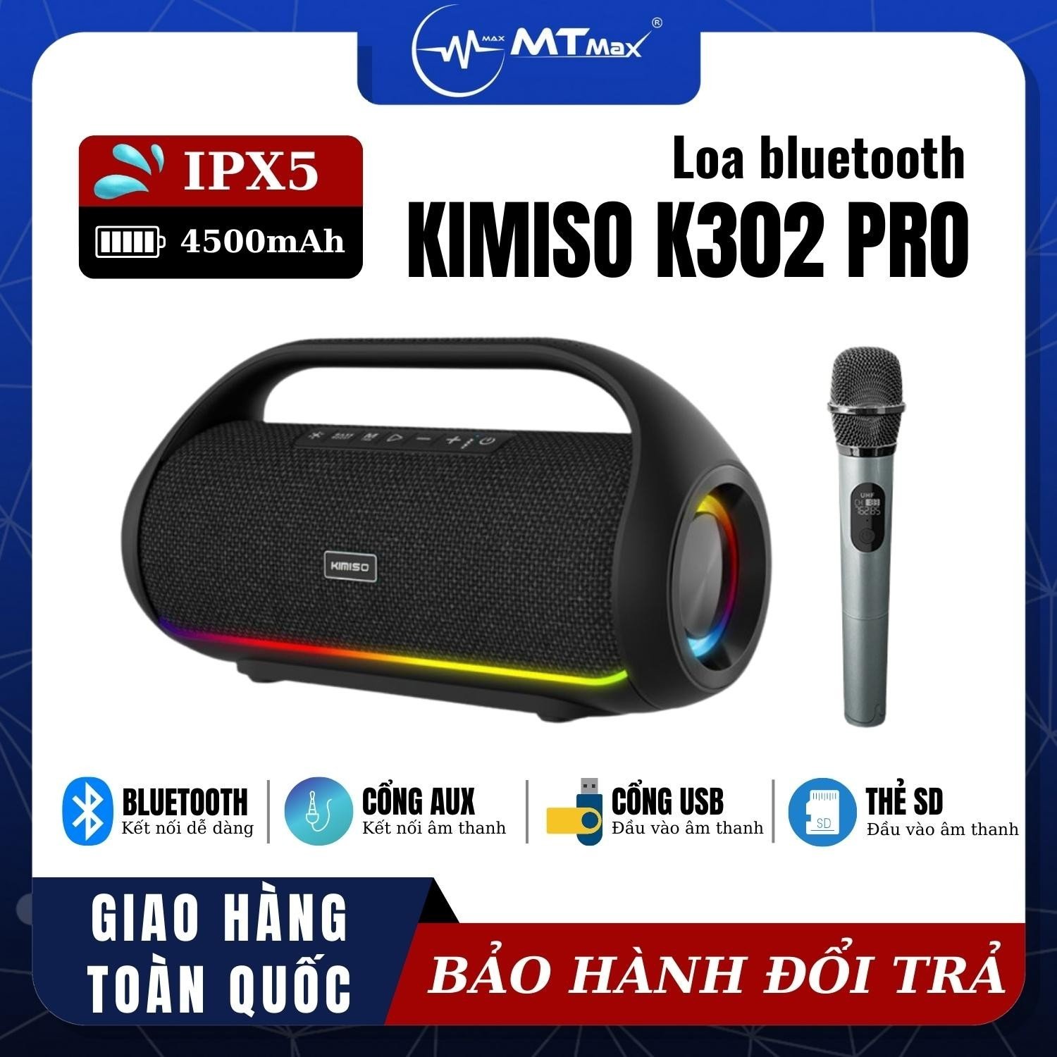 Loa Bluetooth KIMISO K302 PRO - Tích Hợp Micro Karaoke, Đa Dạng Cổng Kết Nối Tiện Lợi Pin Trâu Bluetooth 5.0 chống nước 2 bass cực căng