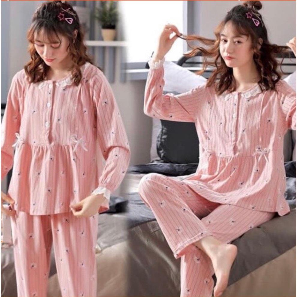 Bộ đồ bầu mặc nhà sau sinh 2mama dài tay, sọc kẻ chất cotton, có khoá ngực cho bé ti, quần có chun chỉnh bụng V019