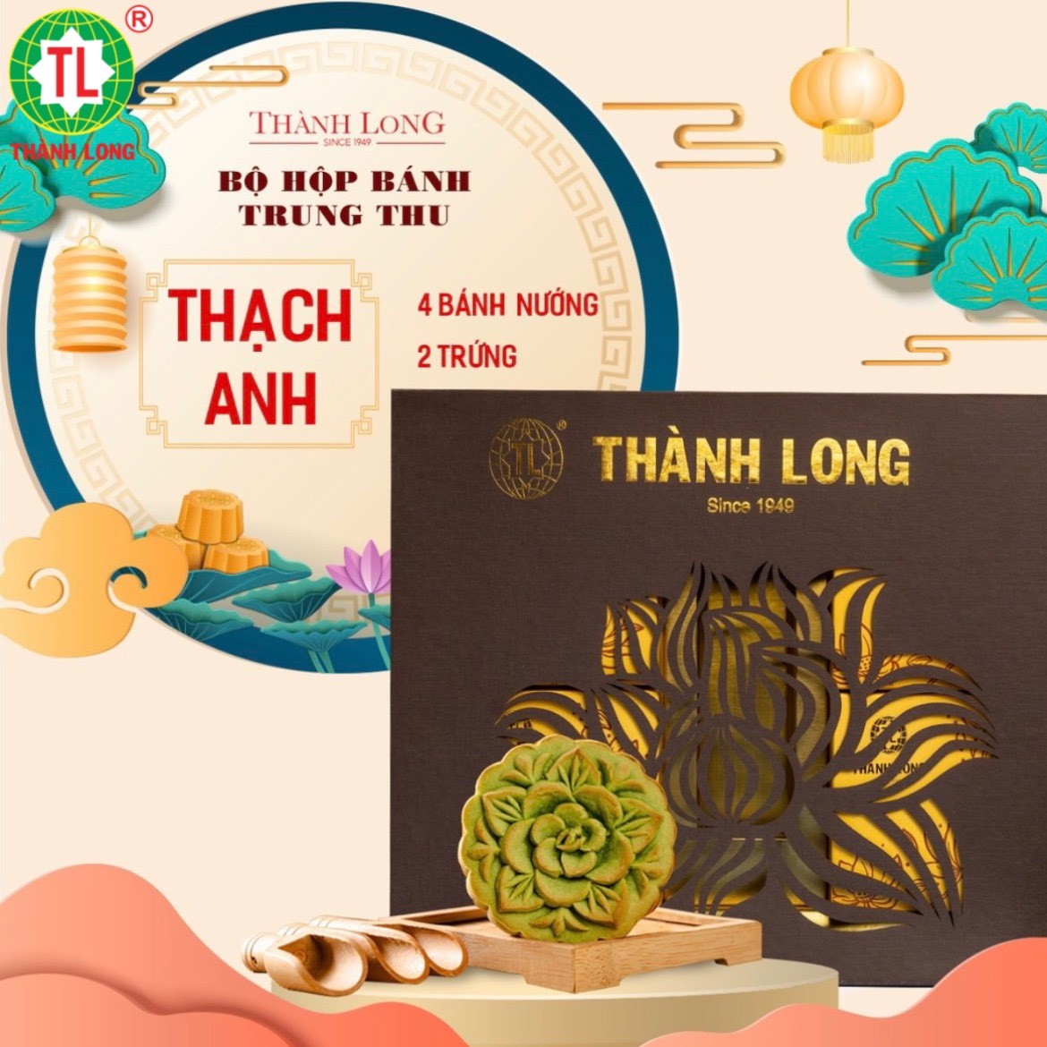 Bộ hộp Bánh trung thu 4 bánh 2 trứng 220g - Hoàng Gia - Thành Long 880g - tặng 1 hộp trà - VIỆT NAM