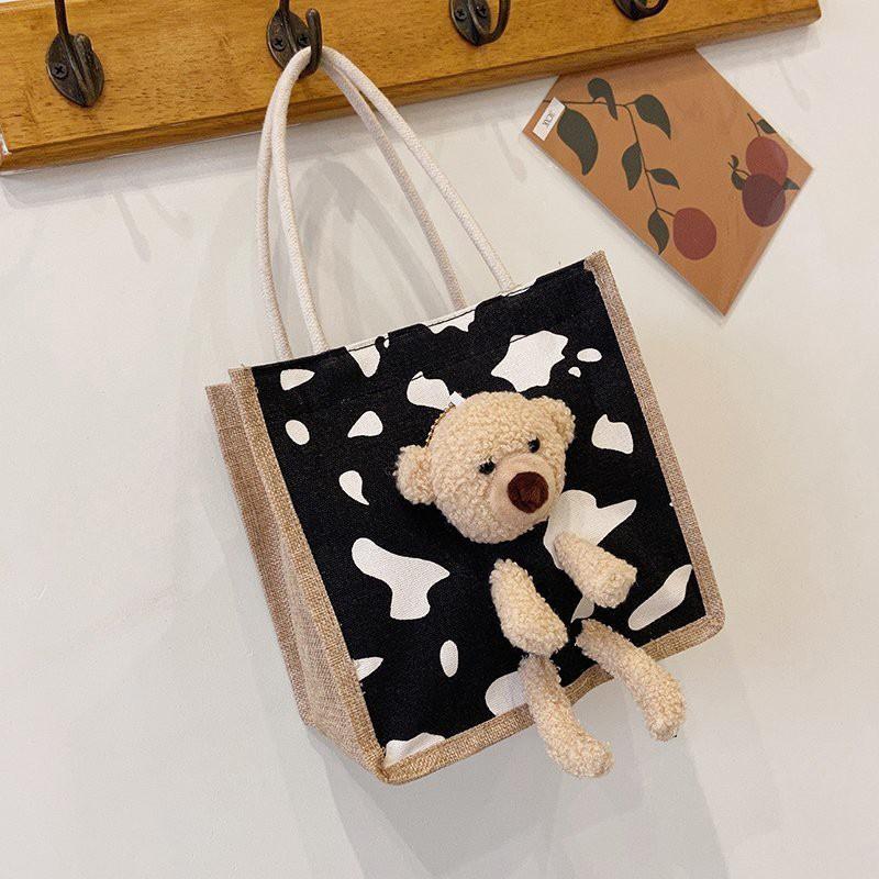 Túi cói vải mini hình gấu teddy siêu xinh, túi xách tote canvas mẫu bear