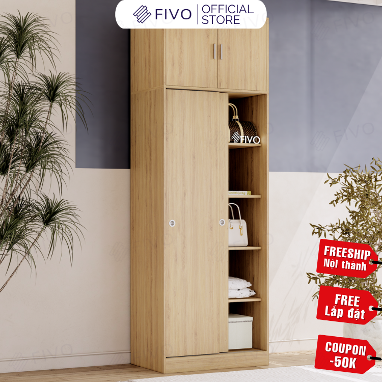 Tủ Treo Quần Áo Cửa Lùa Gỗ MDF Lõi Xanh Chống Ẩm Cao Cấp FC31 FIVO, Nhiều Ngăn Đựng Đồ, Không Gian Hộc Tủ Trên Rộng Rãi - Màu Gỗ