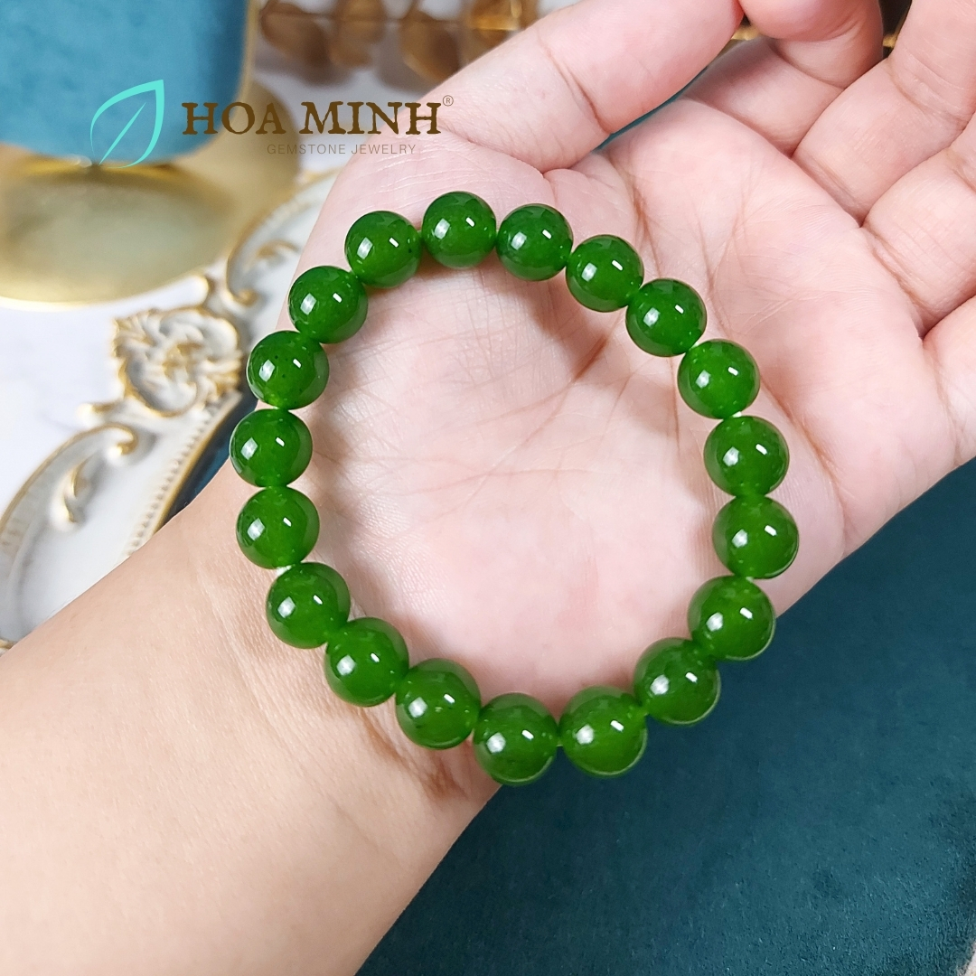 Vòng Tay Phong Thủy đá Mã Não xanh màu ngọc bích size hạt 9.9 li tuyệt đẹp thời trang