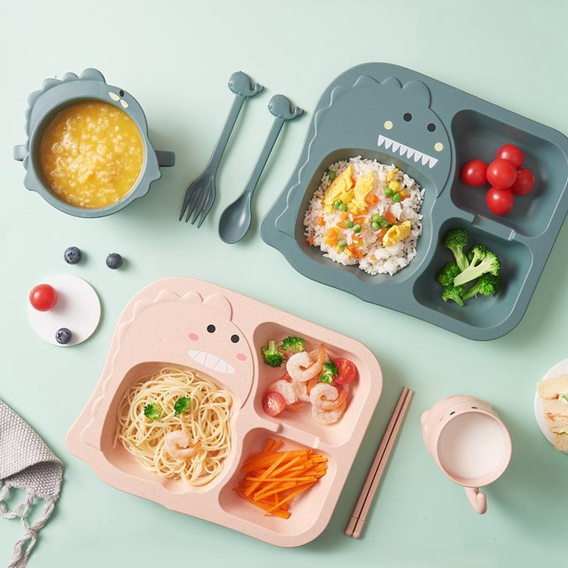 Bé Khủng Long Bộ Đồ Ăn 6 Trẻ Em Đĩa Dùng Tiệc Sợi Tre Tự Nhiên Bát Chén Muỗng Đĩa Dĩa Thả Chịu cho Ăn Món Ăn
