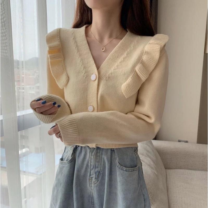 Áo len croptop dài tay cổ chữ V phong cách Hàn Quốc