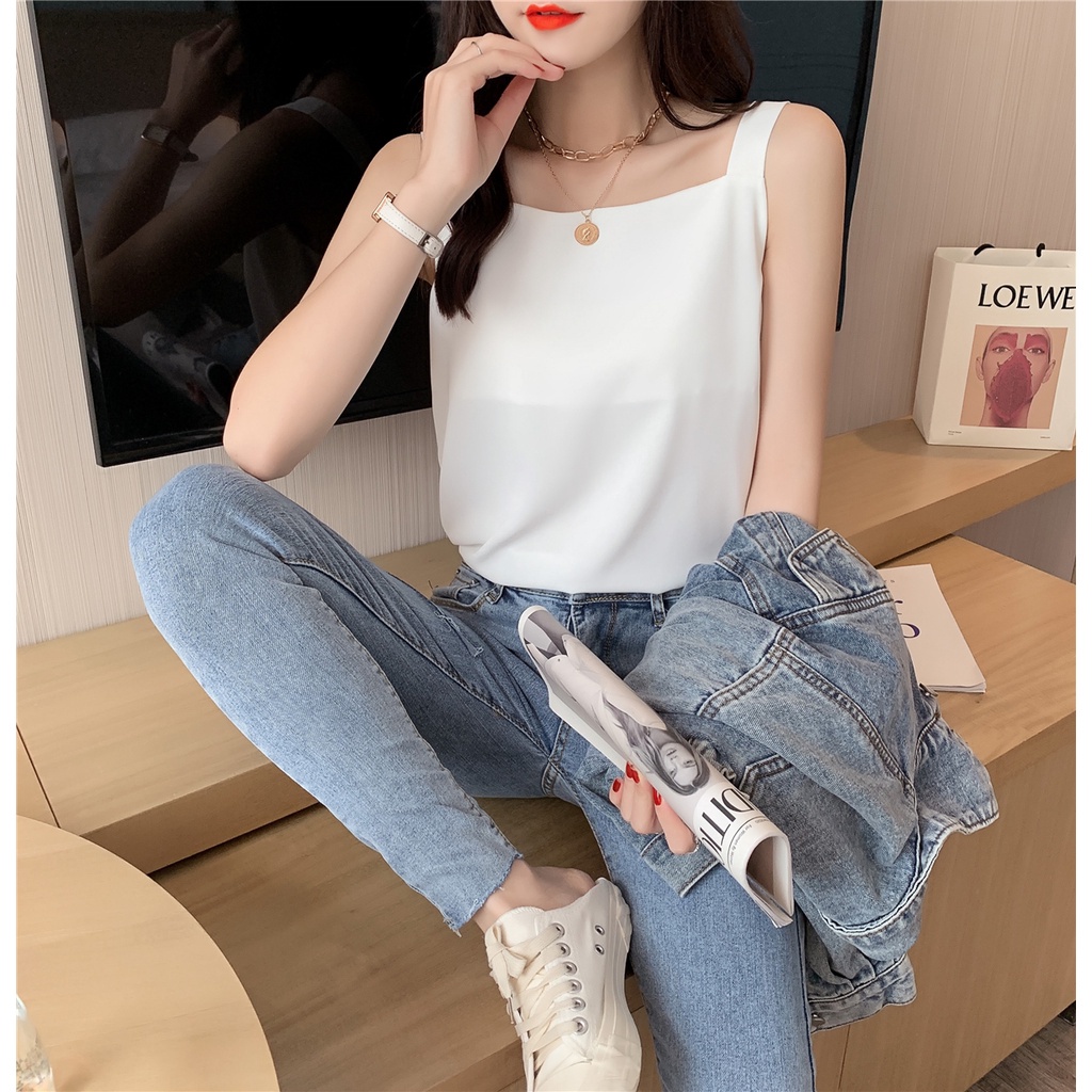 Áo hai dây lụa cổ vuông mặc trong vest, blazer Áo lụa 2 dây có size - New Design AO0010