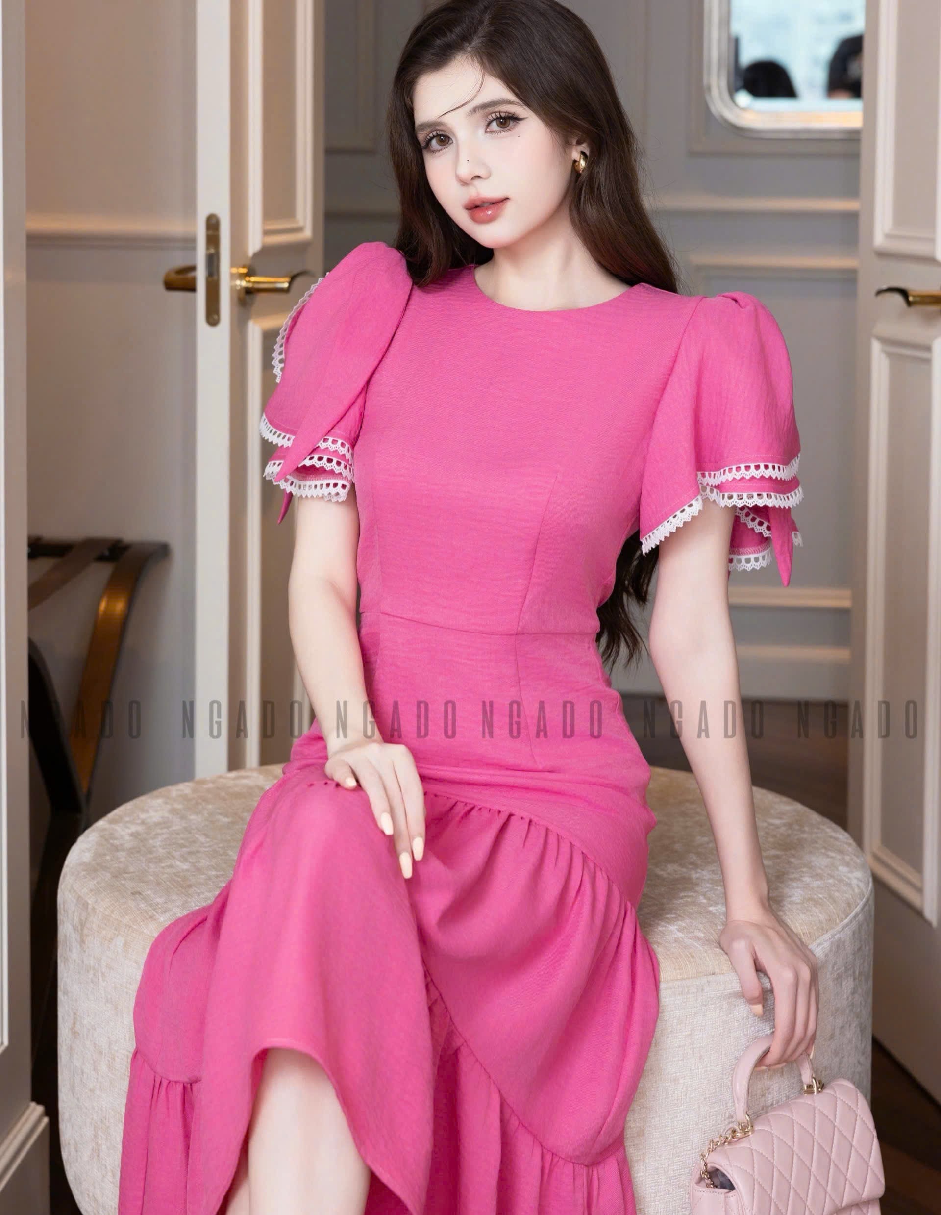 Đầm hồng sen phối ren NGADO , đầm dài , đầm Nữ , đầm công sở , dự tiệc