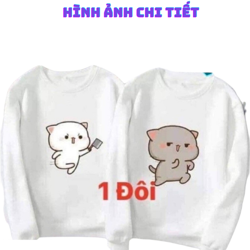 Áo Đôi Sweater Nam Nữ MM10, Áo Đôi Sweater In Mèo Chém ý Nghĩa, Vải Nỉ Bông In Hình Dễ Thương