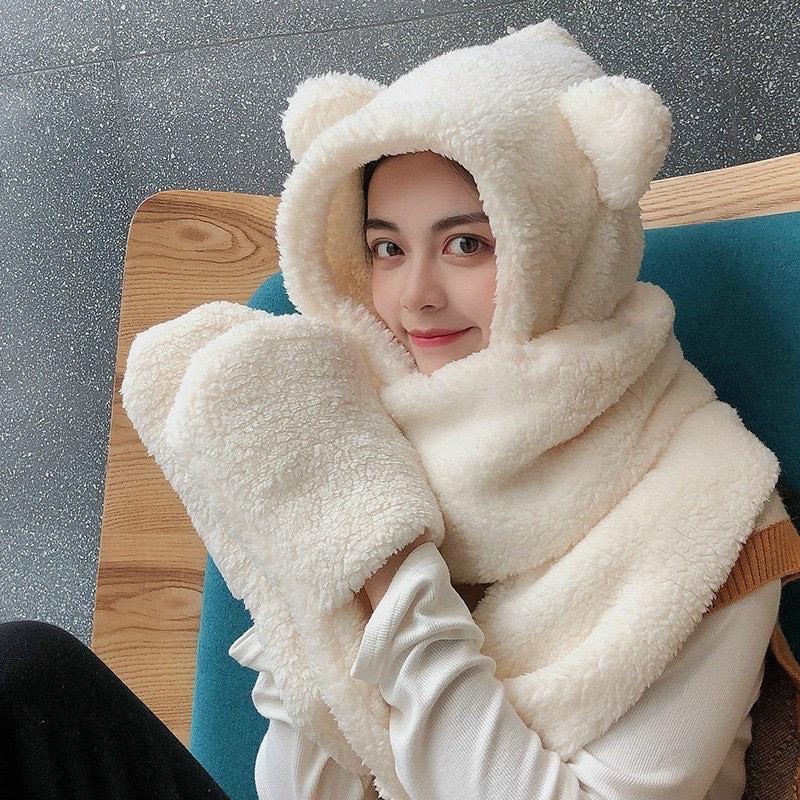 Mũ lông cừu tai gấu kèm khăn quàng cổ và găng tay ấm áp ulzzang Hàn Quốc cho nữ mùa thu đông