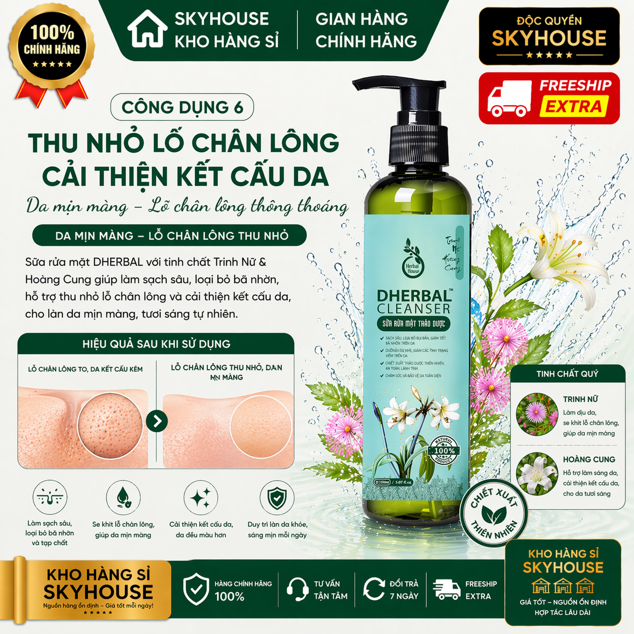 Sữa rửa mặt trị mụn thiên nhiên chiết xuất trinh nữ hoàng cung độc quyền DHERBAL chai 150ml dưỡng trắng da chính hãng
