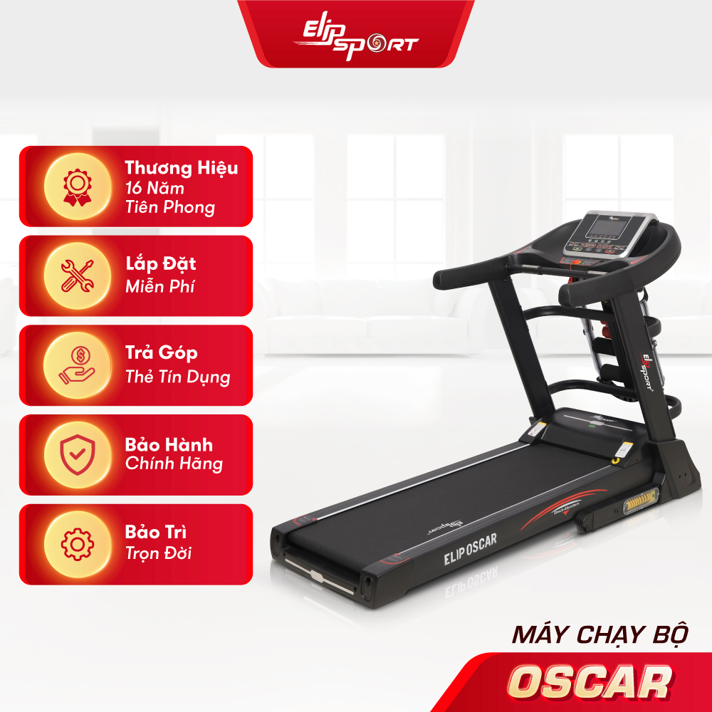 Máy chạy bộ điện ELIP Oscar chính hãng, Công suất 4.0HP, nâng dốc tự động, có đai massage, thanh gập bụng