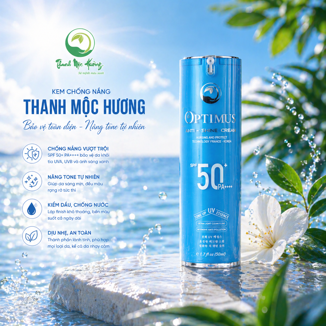 Kem Chống Nắng Thanh Mộc Hương Optimus Anti Shine Chống Trôi Nâng Tone Bảo Vệ Da SPF50+ PA++++ 50ml