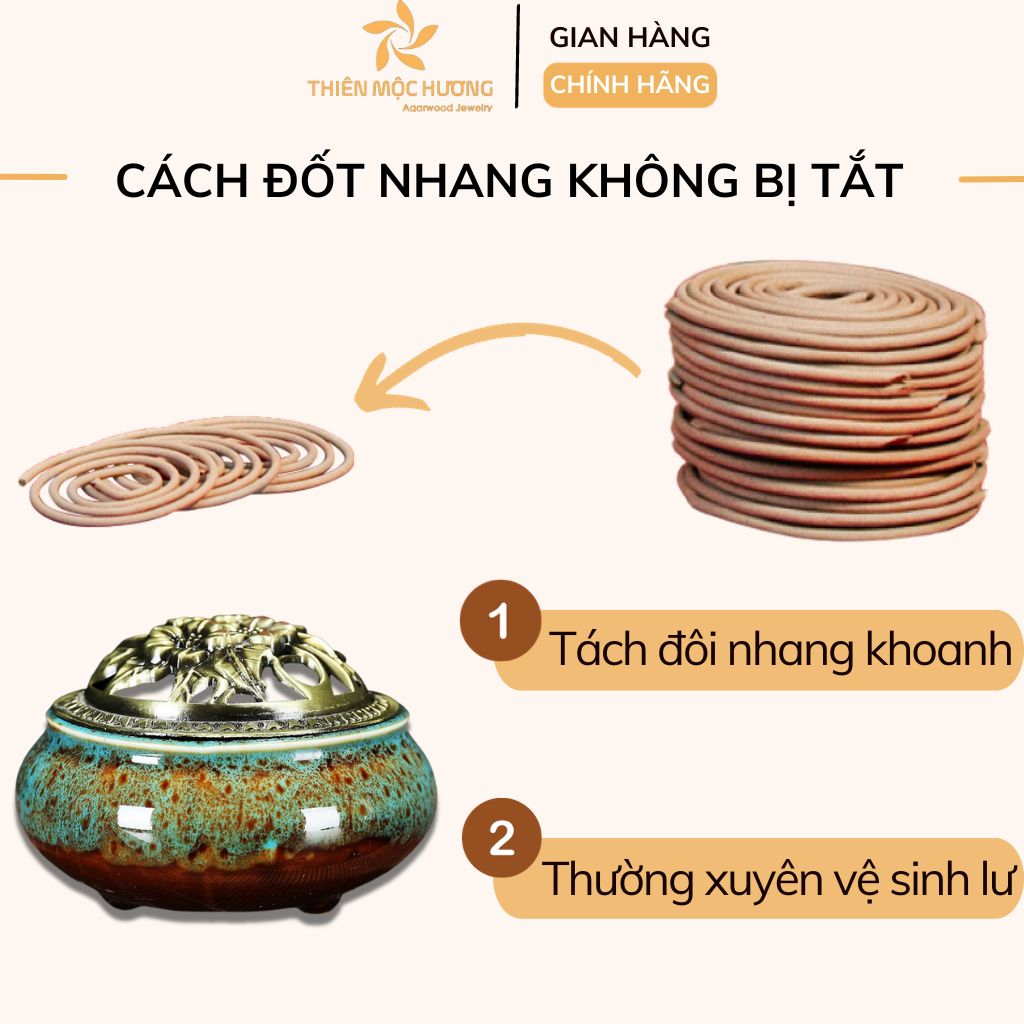 Nhang khoanh Trầm Hương cao cấp 12 Năm tích trầm - Tặng kèm lư sứ xông nhà - Thơm lâu, an toàn sức khỏe - Không kích mũi, không cay mắt - Thiên Mộc Hương