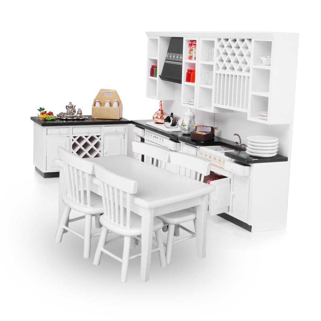 1/12 Nhà Búp Bê Đồ Phụ Kiện Nhà Bếp Gỗ Tủ Lạnh & Bàn Ghế Trắng