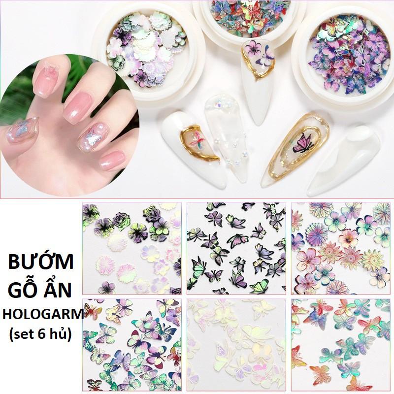 Set 6 Hủ Bướm Hologram Gỗ Ẩn Trang Trí Móng