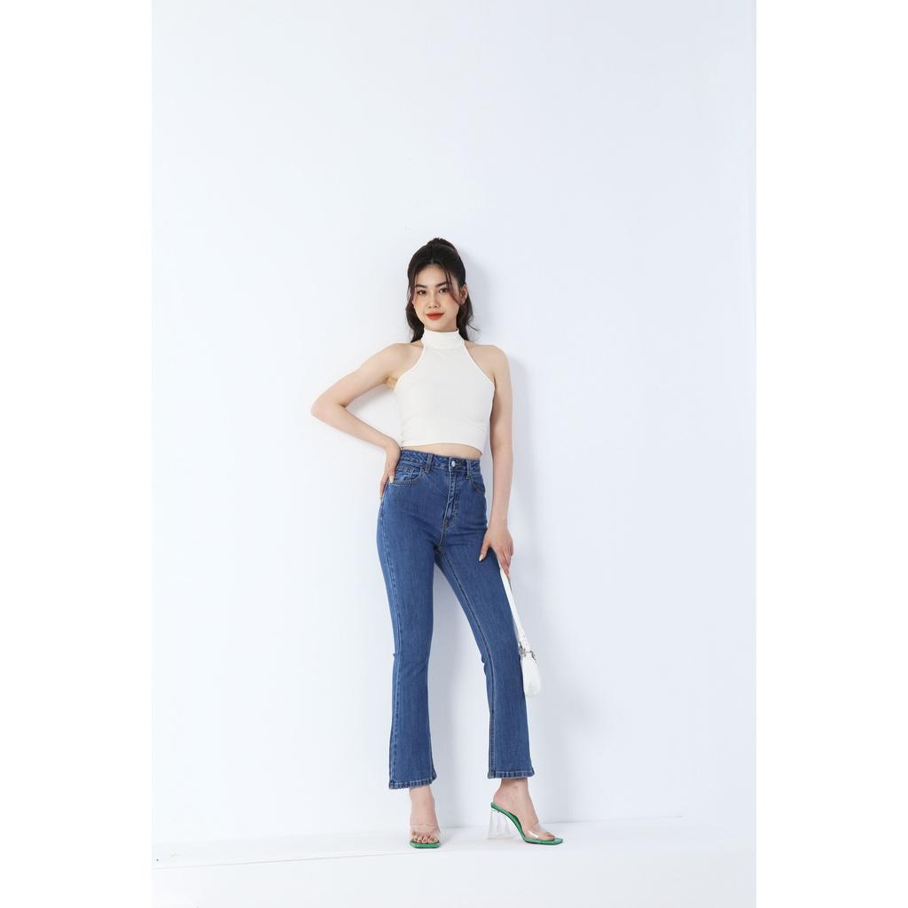 Quần Jean Nữ Ống Loe Vintage Lưng Cao Co Giãn Trơn Gấu Thường CT JEANS