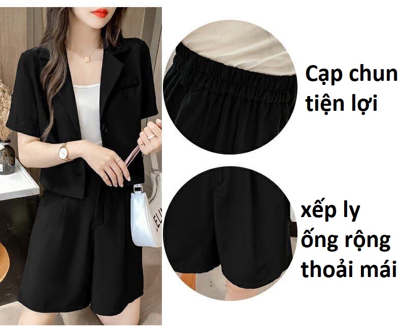 Set đồ nữ bao gồm áo khoác vest 1 lớp nữ ngắn dáng croptop và quần short lưng chun ống rộng thoải mái form cực đẹp cá tính sang chảnh đi chơi dạo phố vào mùa hè màu đen chất tuyết mưa cao cấp