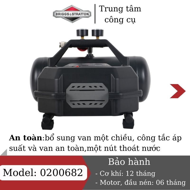 Máy nén khí không dầu 6L BRIGGS &amp; STRATTON 0200682 , máy nén khí mini 220V bơm hơi ô tô , xe máy, nén khí sạch công suất tối đa 1.5Hp - Hàng chính hãng