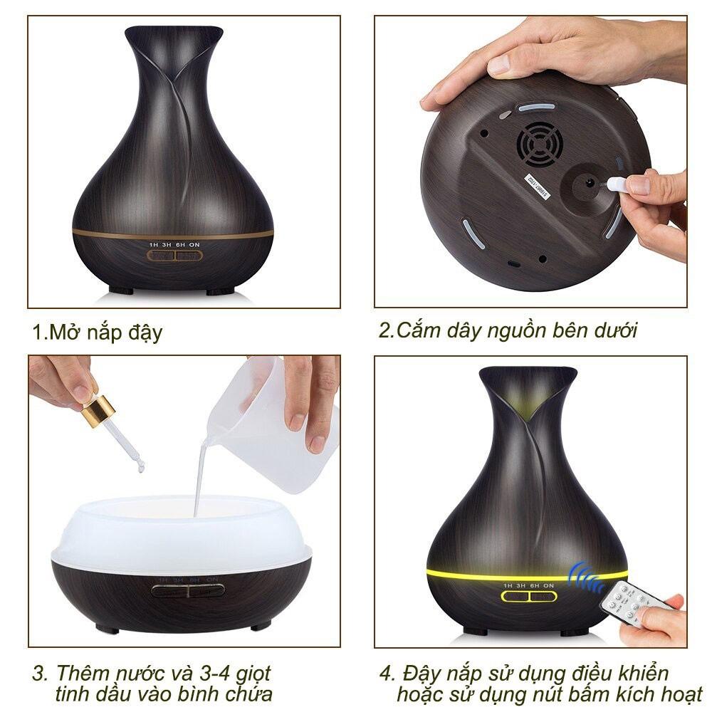 Máy xông tinh dầu phòng ngủ - máy khuếch tán tinh dầu TULIP 500ML có REMOTE kèm 2 lọ tinh dầu 10ml -