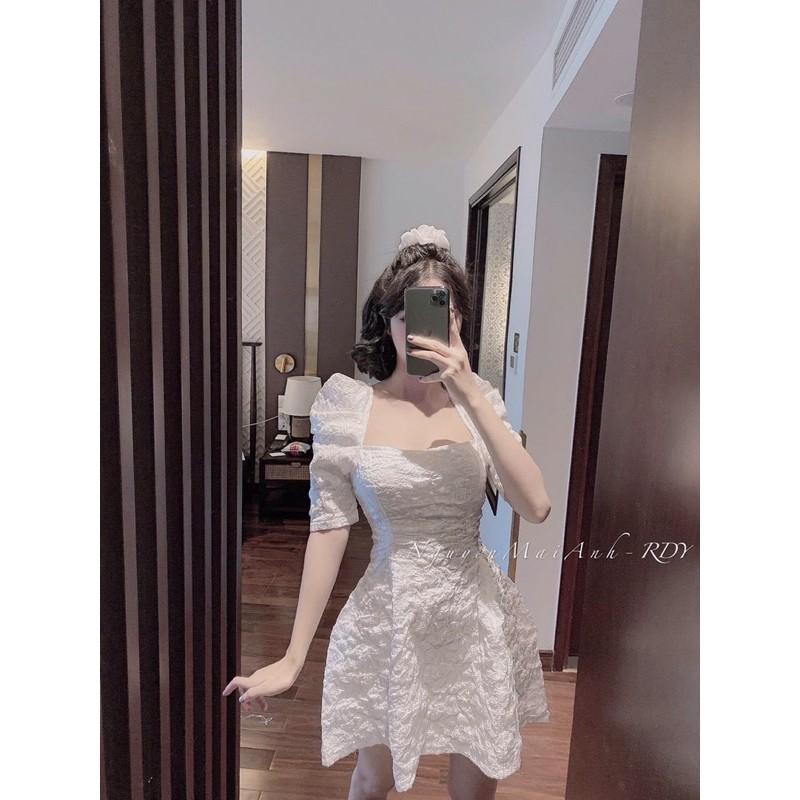 Đầm xoè cổ vuông tay phồng chất gấm xốp cao cấp