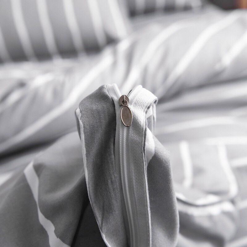 Bộ chăn ga gối cotton fly Hàn quốc họa tiết kẻ xám