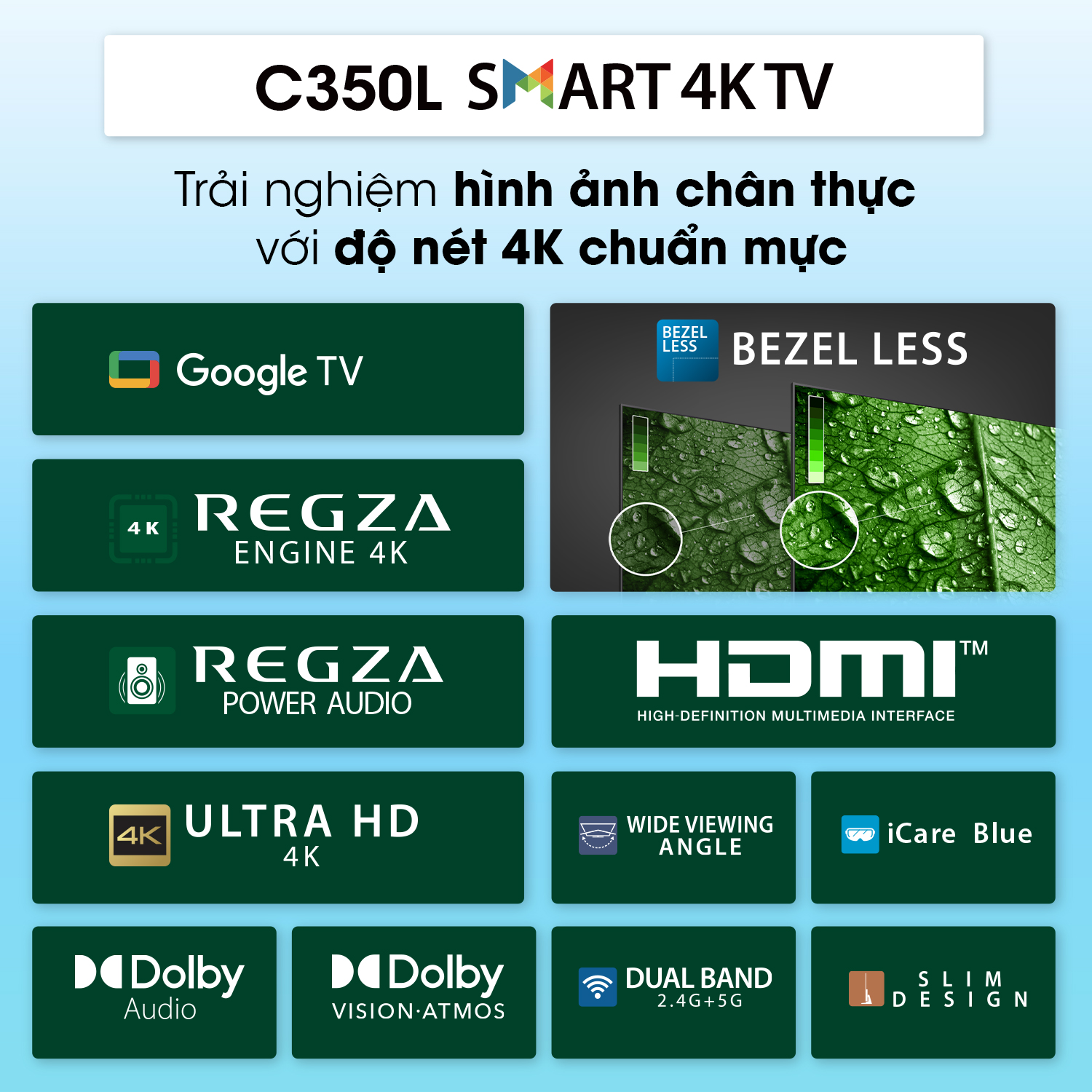 Google Tivi TOSHIBA 55 inch 55C350LP, Smart TV Màn Hình LED 4K UHD - Loa 24W - Hàng Chính Hãng