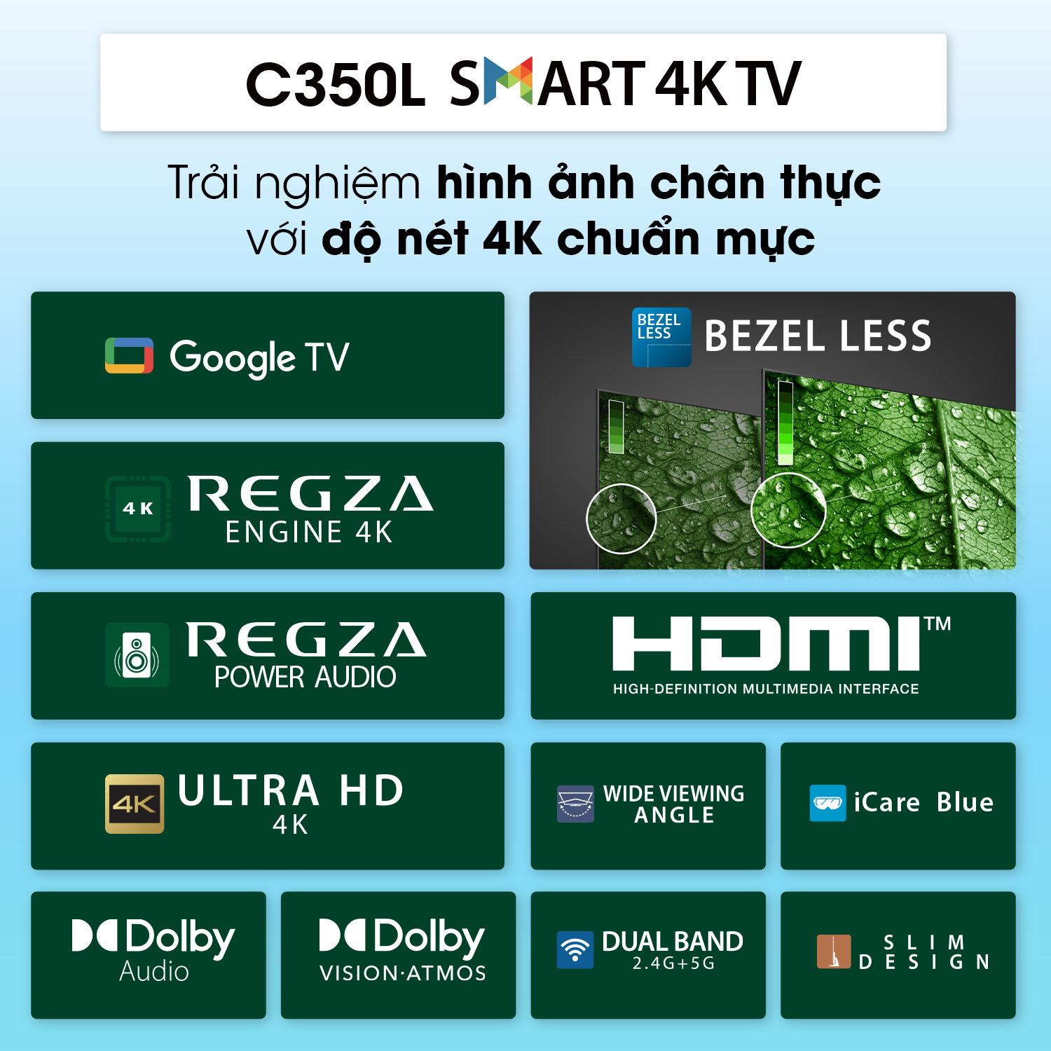 Google Tivi TOSHIBA 50 inch 50C350LP, Smart TV Màn Hình LED 4K UHD - Loa 24W - Hàng Chính Hãng