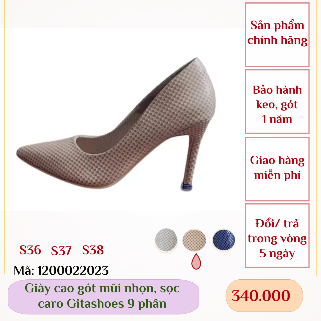 Giày cao gót gitashoes mũi nhọn, hình sọc caro, cao 9 phân - 1200022023