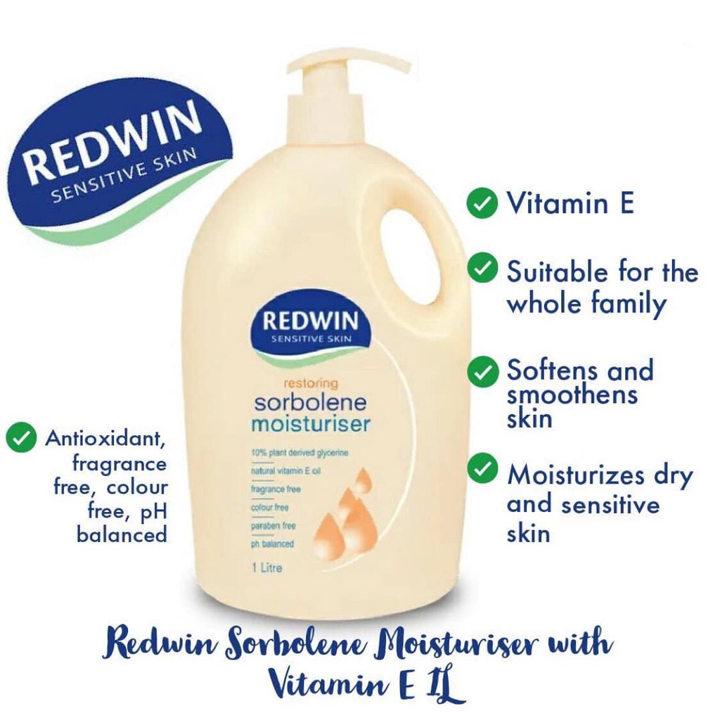 Sữa dưỡng thể REDWIN Sensitive Skin Sorbolene Moisturiser Vitamin E 1 lít dưỡng ẩm và làm sáng da toàn thân