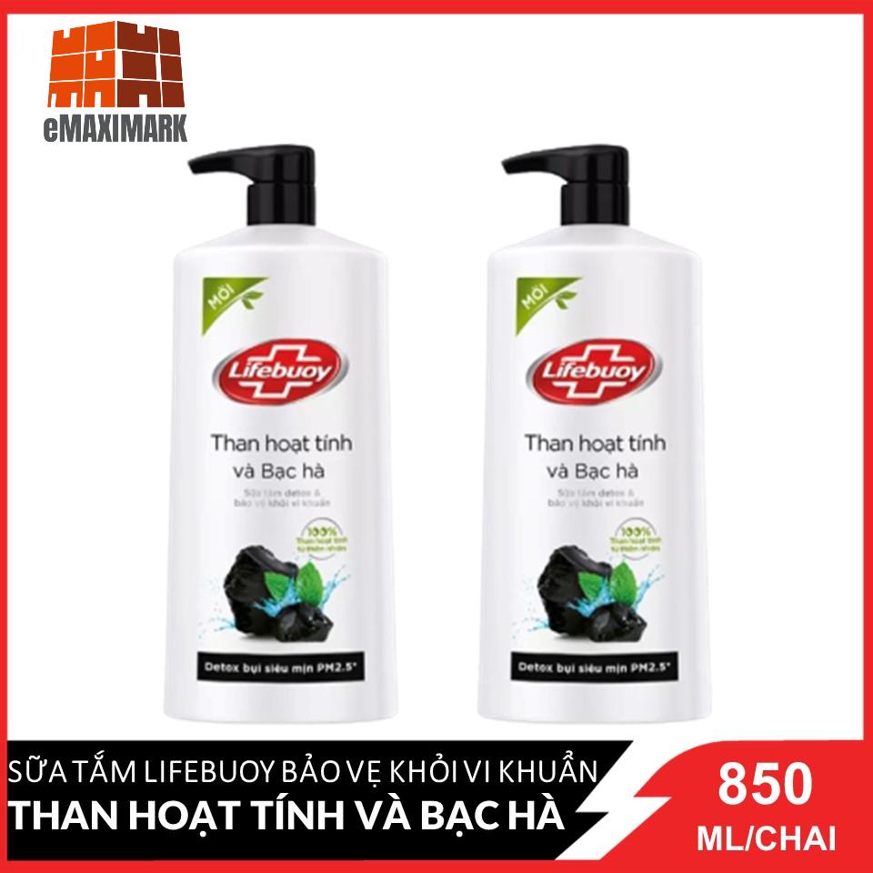 COMBO 2 Chai Sữa tắm Lifebuoy Bảo Vệ Khỏi Vi Khuẩn Than Hoạt Tính Và Bạc Hà (Đen) Chai 850ml x 2