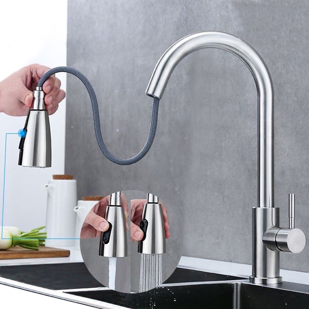 Vòi Rửa Chén Bát Nóng Lạnh Gắn Chậu Có Dây Rút Bằng Inox Sus 304