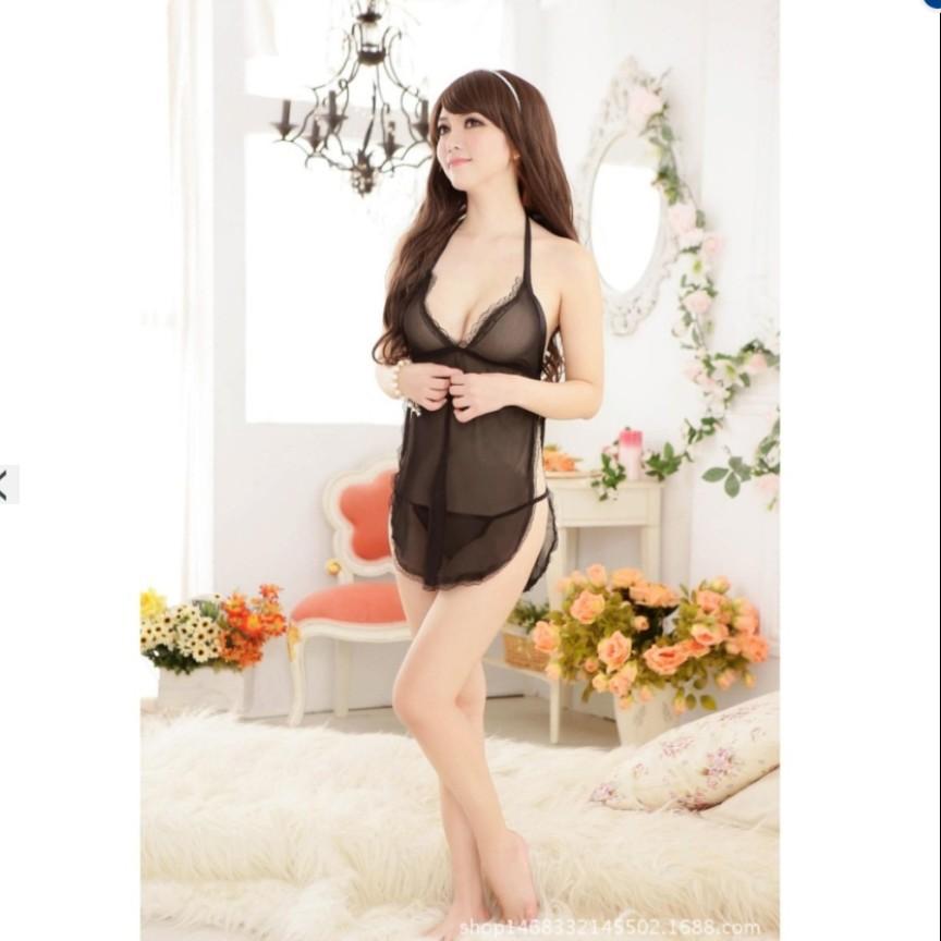 Đầm ngủ 2 mảnh yếm Đen CDAN29