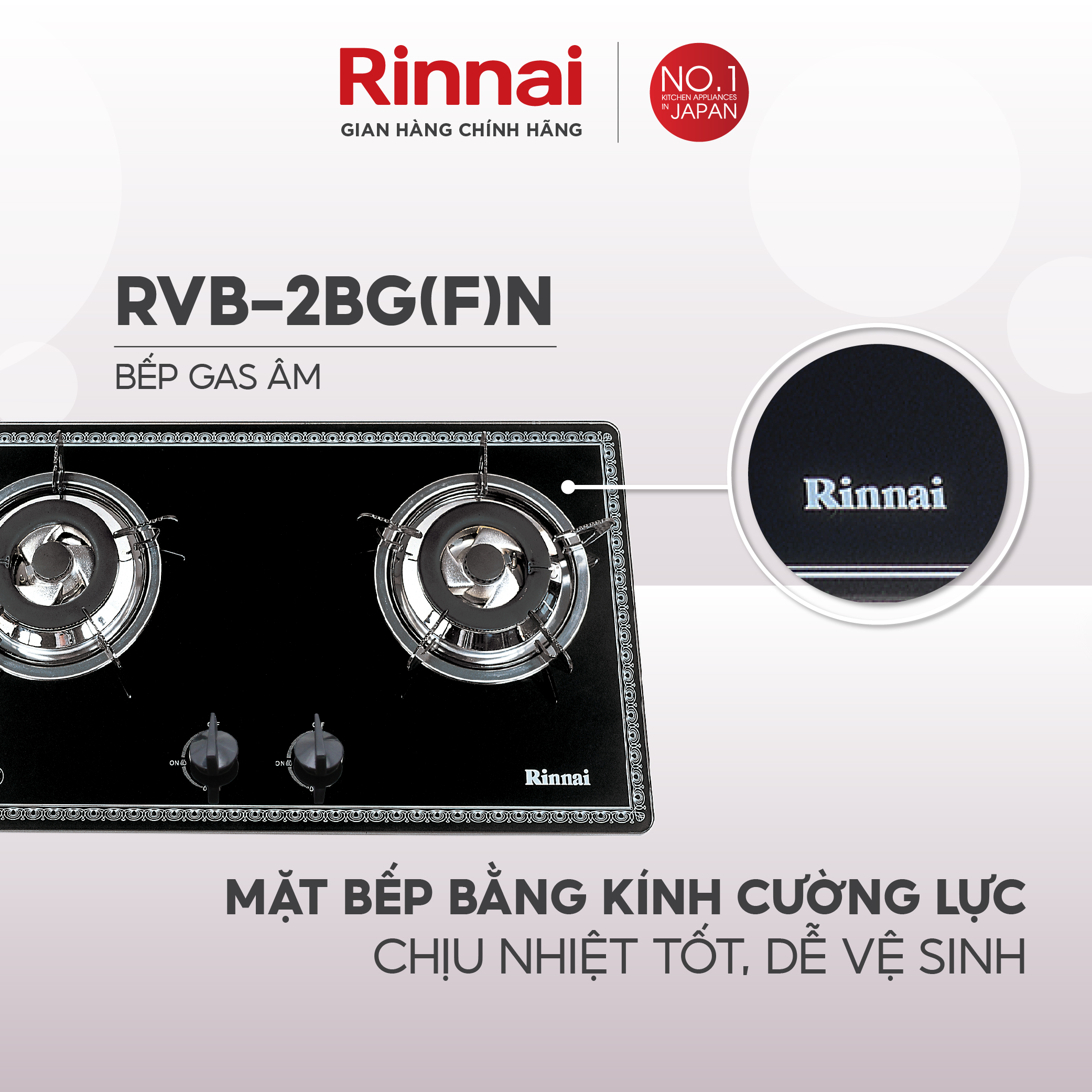 Bếp gas âm Rinnai RVB-2BGN mặt bếp kính và kiềng bếp men - Hàng chính hãng.